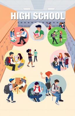 A vibrant and dynamic high school scene depicting six distinct groups of students, each representing a different aspect of high school life
