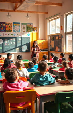 A vibrant classroom scene filled with diverse students sitting at colorful desks, actively engaged in a lively discussion