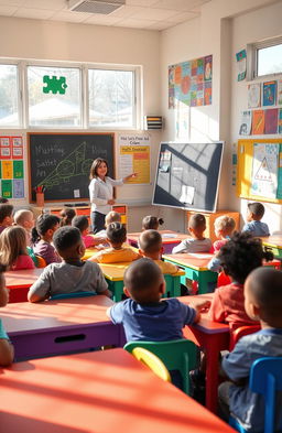 A vibrant classroom scene filled with diverse students sitting at colorful desks, actively engaged in a lively discussion