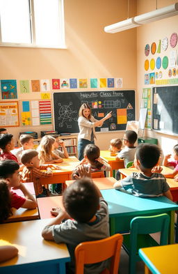 A vibrant classroom scene filled with diverse students sitting at colorful desks, actively engaged in a lively discussion