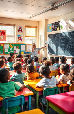 A vibrant classroom scene filled with diverse students sitting at colorful desks, actively engaged in a lively discussion