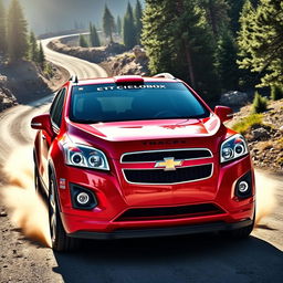A vibrant red 2012 Chevy Trax, inspired by World Rally Championship (WRC) designs