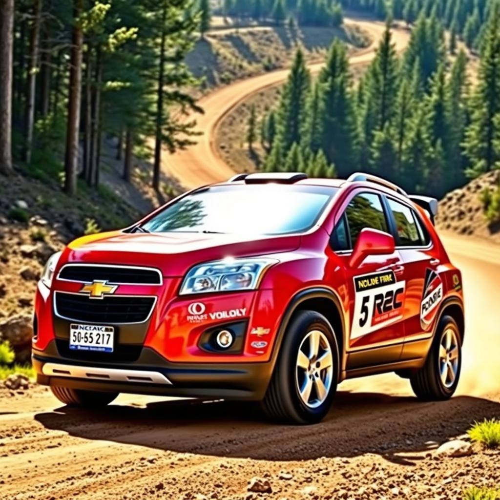 A vibrant red 2012 Chevy Trax, inspired by World Rally Championship (WRC) designs