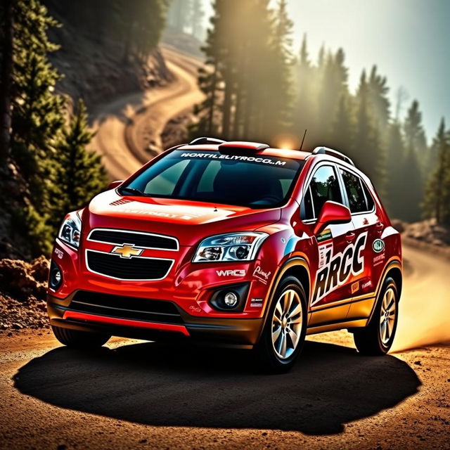 A vibrant red 2012 Chevy Trax, inspired by World Rally Championship (WRC) designs