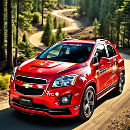 A vibrant red 2012 Chevy Trax, inspired by World Rally Championship (WRC) designs