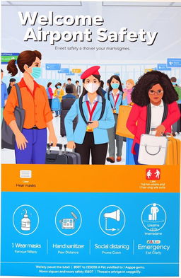 A colorful and informative airport safety poster, featuring diverse airline personnel assisting passengers