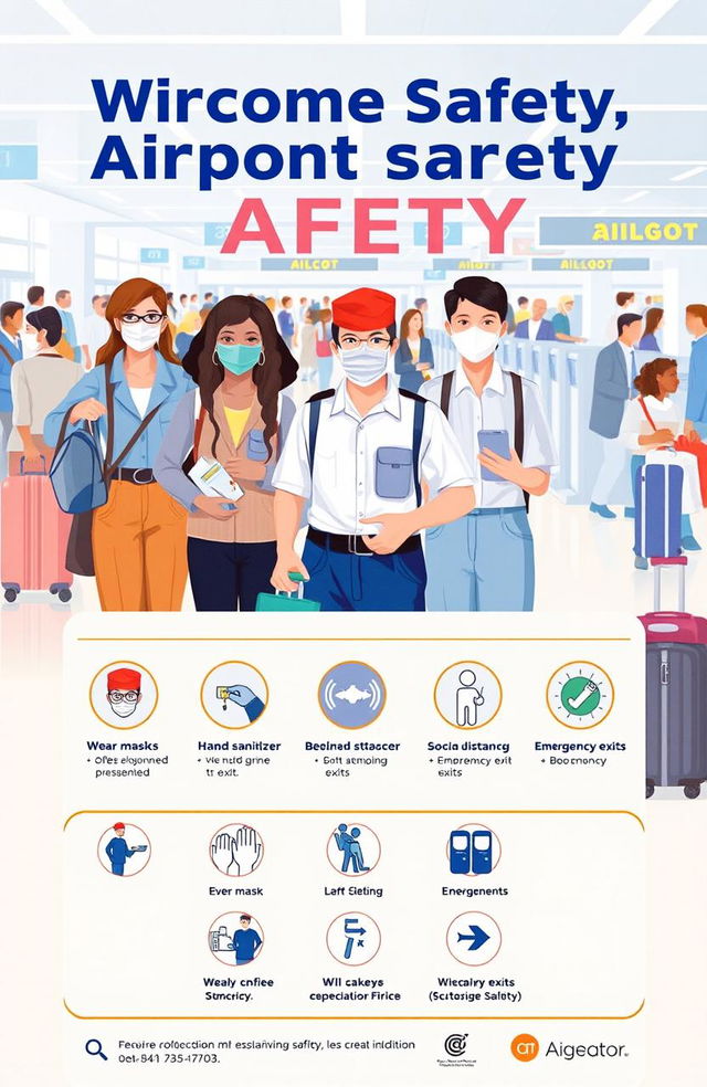 A colorful and informative airport safety poster, featuring diverse airline personnel assisting passengers