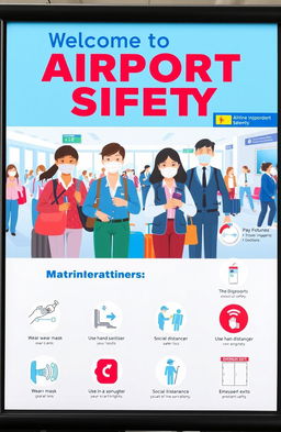 A colorful and informative airport safety poster, featuring diverse airline personnel assisting passengers