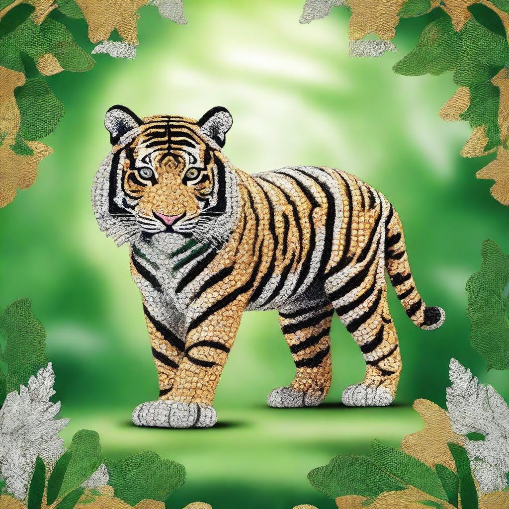 Generate an image of an elegant Bengal tiger crafted fully from shimmering diamonds