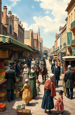 A lively street scene depicting a bustling market in the 1800s, with vendors selling fruits, vegetables, and handmade goods