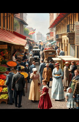 A lively street scene depicting a bustling market in the 1800s, with vendors selling fruits, vegetables, and handmade goods