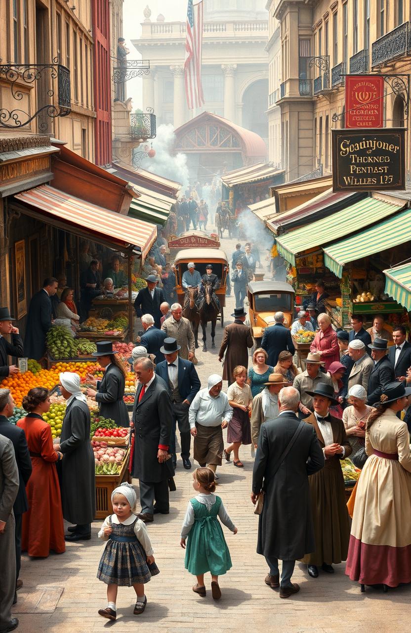 A lively street scene depicting a bustling market in the 1800s, with vendors selling fruits, vegetables, and handmade goods