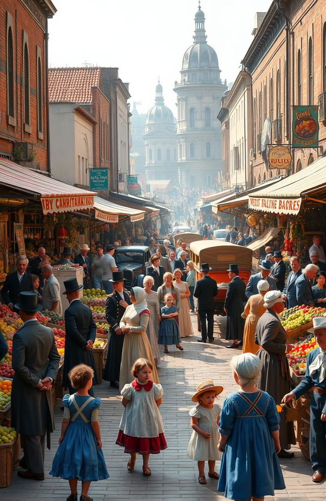 A lively street scene depicting a bustling market in the 1800s, with vendors selling fruits, vegetables, and handmade goods