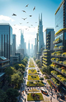 A futuristic view of the world in the year 2050, showcasing advanced technology and sustainable living