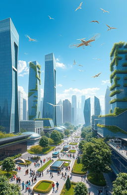 A futuristic view of the world in the year 2050, showcasing advanced technology and sustainable living