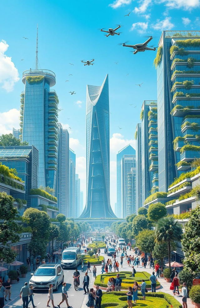 A futuristic view of the world in the year 2050, showcasing advanced technology and sustainable living