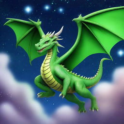 A majestic, 2D green dragon soaring through the star-studded night sky