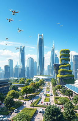 A futuristic view of the world in the year 2050, showcasing advanced technology and sustainable living