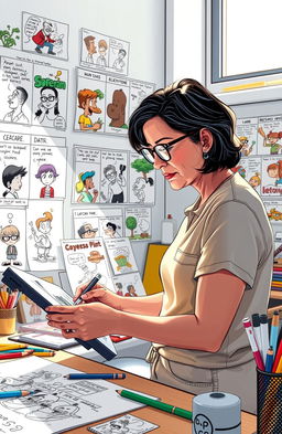 A vibrant and expressive scene depicting a contemporary cartoonist in their workspace, surrounded by colorful sketches and art supplies