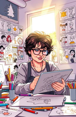 A vibrant and expressive scene depicting a contemporary cartoonist in their workspace, surrounded by colorful sketches and art supplies