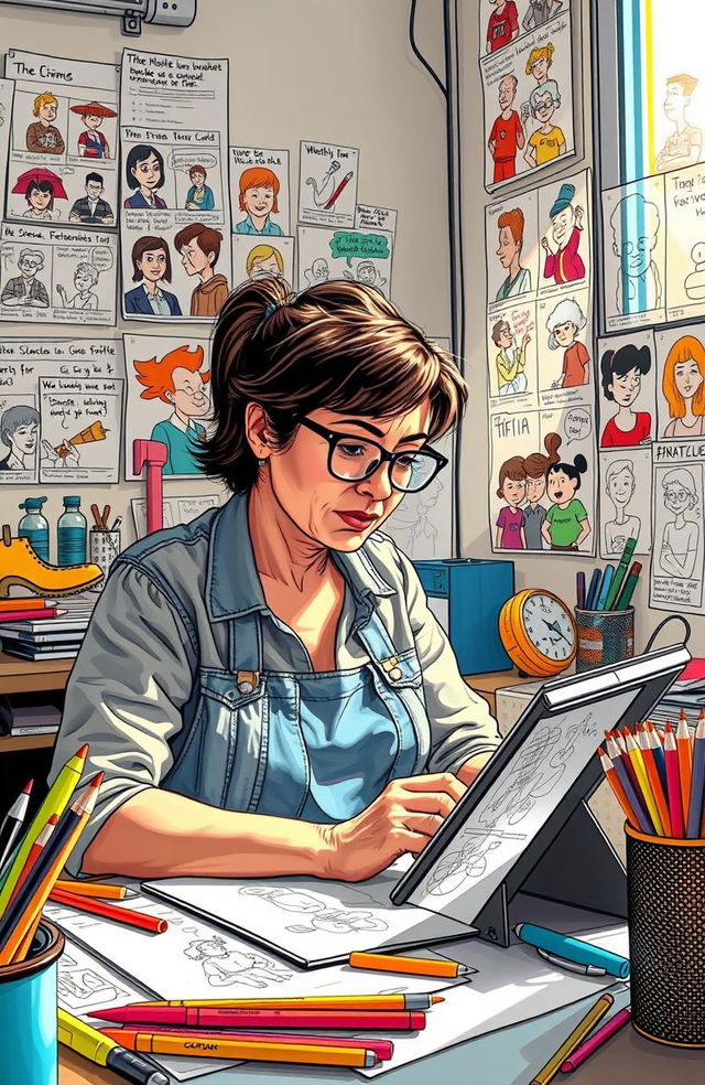 A vibrant and expressive scene depicting a contemporary cartoonist in their workspace, surrounded by colorful sketches and art supplies