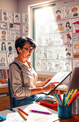 A vibrant and expressive scene depicting a contemporary cartoonist in their workspace, surrounded by colorful sketches and art supplies