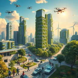 A vivid portrayal of the world in 2050, featuring a harmonious blend of nature and advanced technology