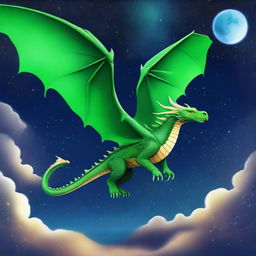 A majestic, 2D green dragon soaring through the star-studded night sky