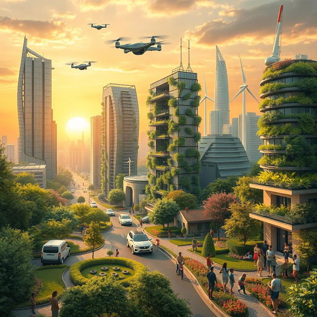 A vivid portrayal of the world in 2050, featuring a harmonious blend of nature and advanced technology