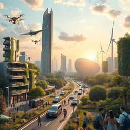 A vivid portrayal of the world in 2050, featuring a harmonious blend of nature and advanced technology