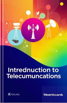 A book cover design for an introductory telecommunications course, featuring vibrant colors and modern design elements