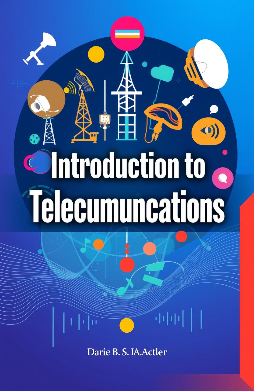 A book cover design for an introductory telecommunications course, featuring vibrant colors and modern design elements