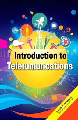 A book cover design for an introductory telecommunications course, featuring vibrant colors and modern design elements
