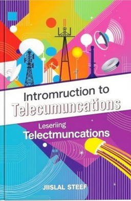A book cover design for an introductory telecommunications course, featuring vibrant colors and modern design elements