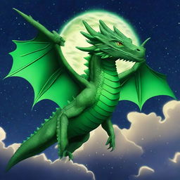 A majestic, 2D green dragon soaring through the star-studded night sky