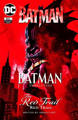 A dramatic comic book cover art featuring Batman in a dynamic pose, surrounded by a dark, stylized cityscape