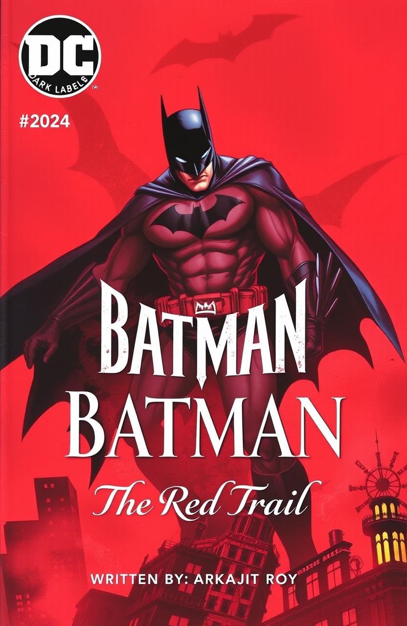 A dramatic comic book cover art featuring Batman in a dynamic pose, surrounded by a dark, stylized cityscape