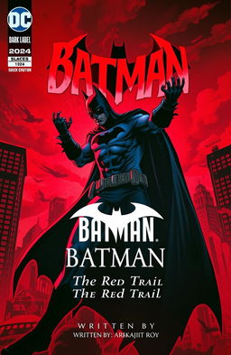 A dramatic comic book cover art featuring Batman in a dynamic pose, surrounded by a dark, stylized cityscape