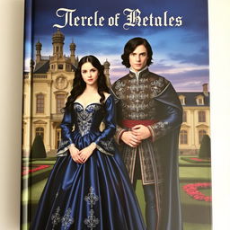 A striking book cover set in the 16th century, featuring a young upper class girl with long black hair, elegantly dressed in a stunning midnight blue gown with luxurious fabric and intricate silver embroidery
