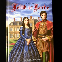 A striking book cover set in the 16th century, featuring a young upper class girl with long black hair, elegantly dressed in a stunning midnight blue gown with luxurious fabric and intricate silver embroidery