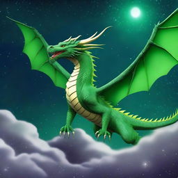 A majestic, 2D green dragon soaring through the star-studded night sky