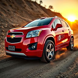 A vibrant red 2012 Chevy Trax designed in the style of a World Rally Championship (WRC) vehicle, featuring rally-style wheels