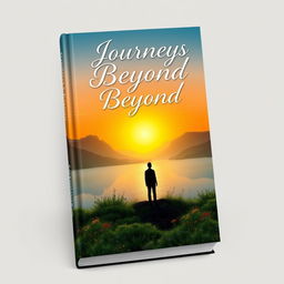A beautiful book cover design showcasing a serene landscape featuring a tranquil lake surrounded by majestic mountains under a golden sunset