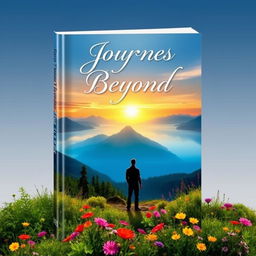 A beautiful book cover design showcasing a serene landscape featuring a tranquil lake surrounded by majestic mountains under a golden sunset