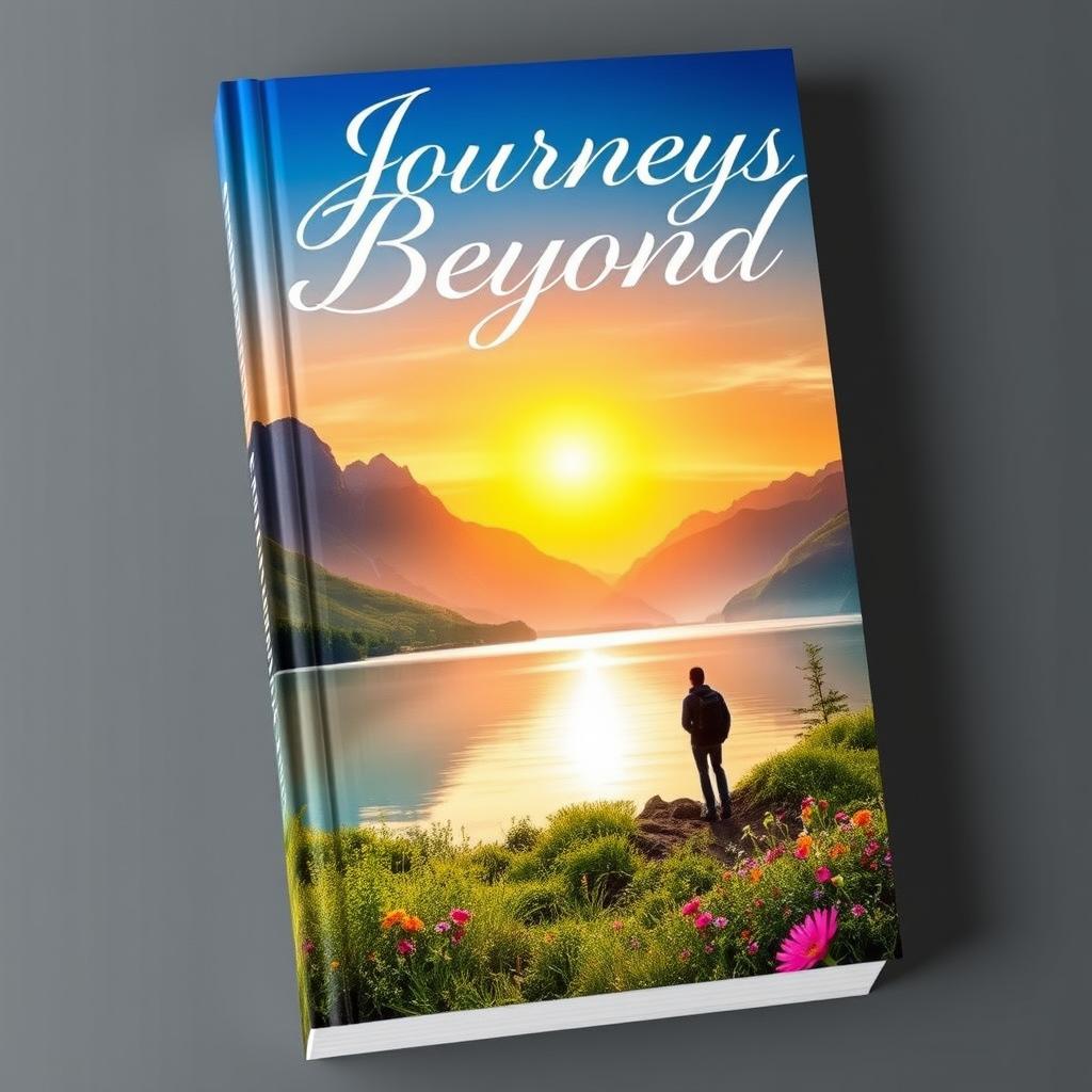 A beautiful book cover design showcasing a serene landscape featuring a tranquil lake surrounded by majestic mountains under a golden sunset