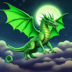 A grand 2D illustration of a vibrant green dragon soaring under the illumined night sky