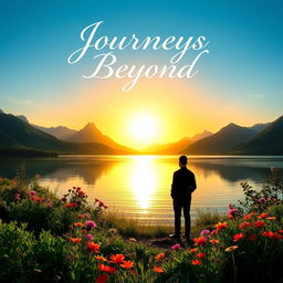 A beautiful book cover design showcasing a serene landscape featuring a tranquil lake surrounded by majestic mountains under a golden sunset