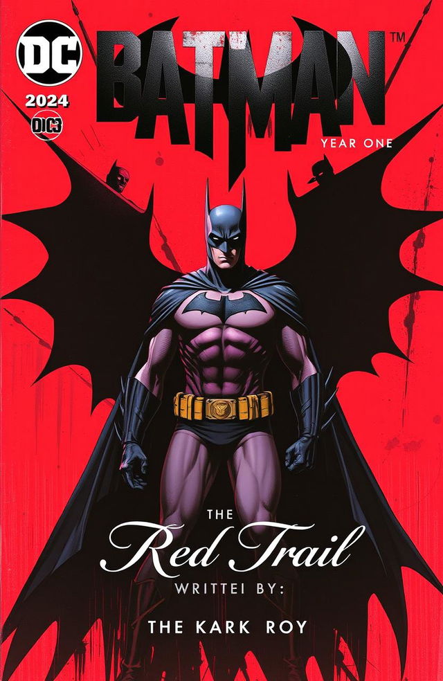 A comic book cover featuring Batman in a year one style, showcasing him in a dynamic pose against a backdrop painted in stylized red hues