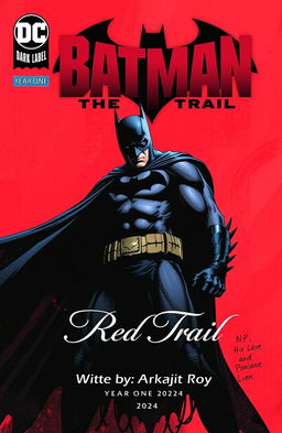 A comic book cover featuring Batman in a year one style, showcasing him in a dynamic pose against a backdrop painted in stylized red hues