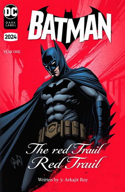 A comic book cover featuring Batman in a year one style, showcasing him in a dynamic pose against a backdrop painted in stylized red hues